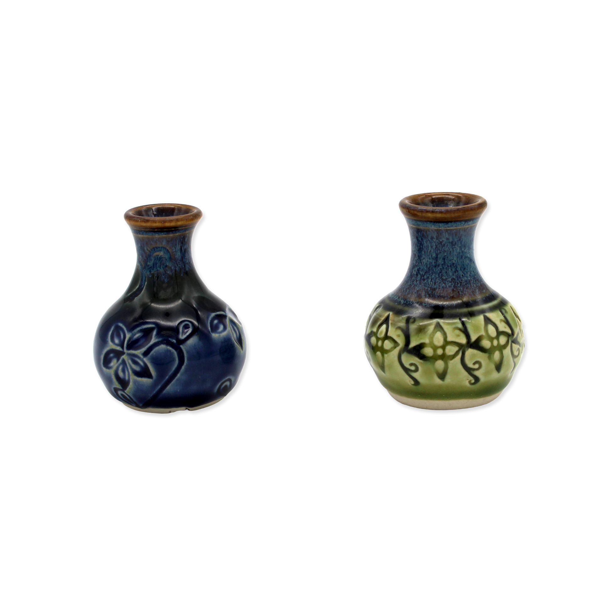Two ceramic vases with decorative patterns on a white background