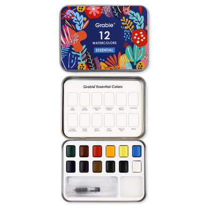 Grable watercolor set with colorful lid and color chart on a white background