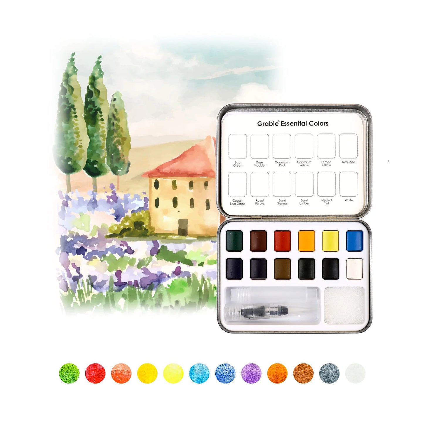 Watercolor paint set with color swatches and a scenic painting in the background