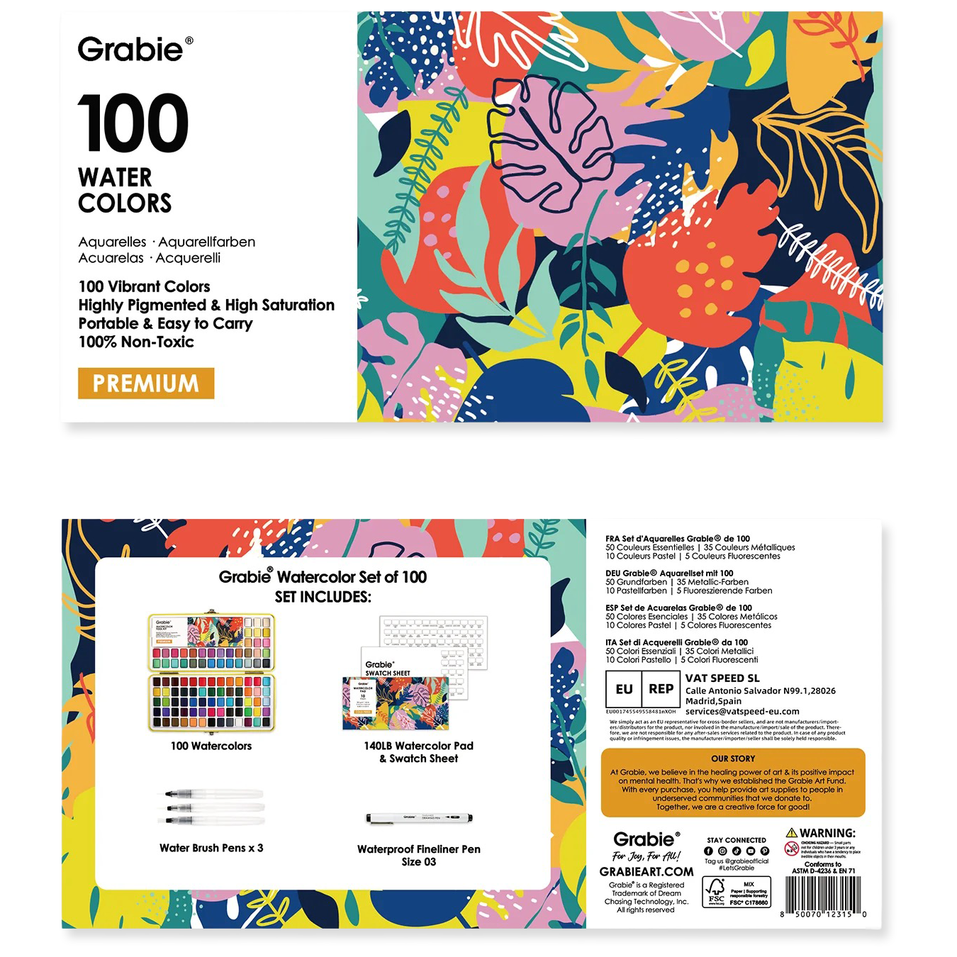 Grabie watercolor set packaging with colorful design and product details.