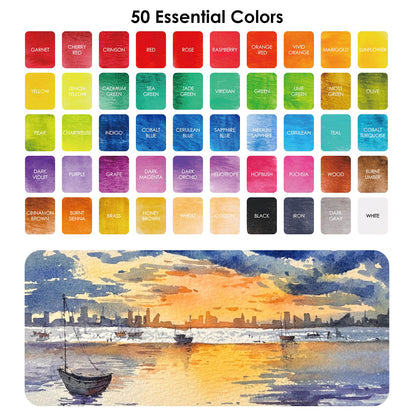 Color swatches labeled '50 Essential Colors' with a watercolor painting of a sunset over a city skyline.