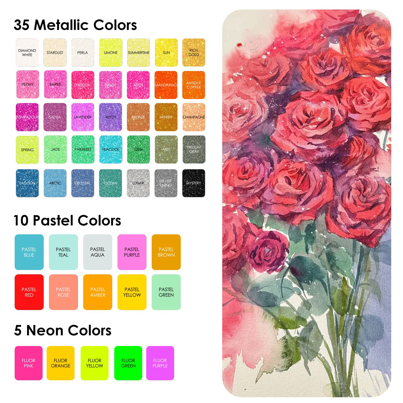 Color swatches for metallic, pastel, and neon colors with a floral design on the right.