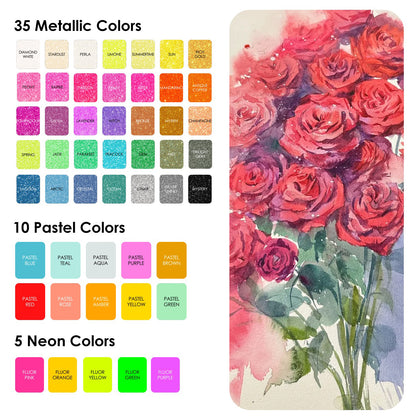 Color swatches for metallic, pastel, and neon colors with a floral design on the right.