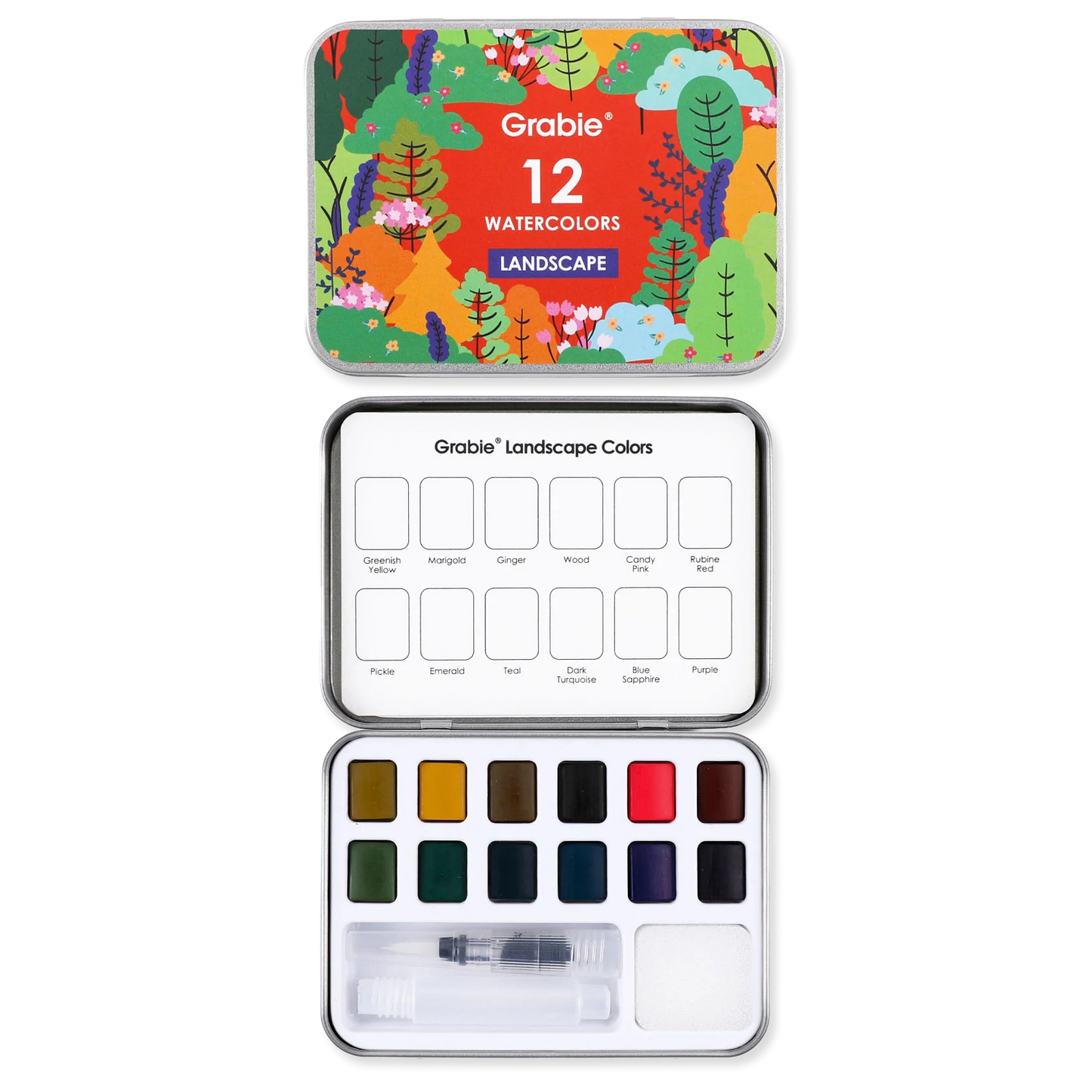 Grabie 12 watercolor set with colorful lid and color swatches on a white background