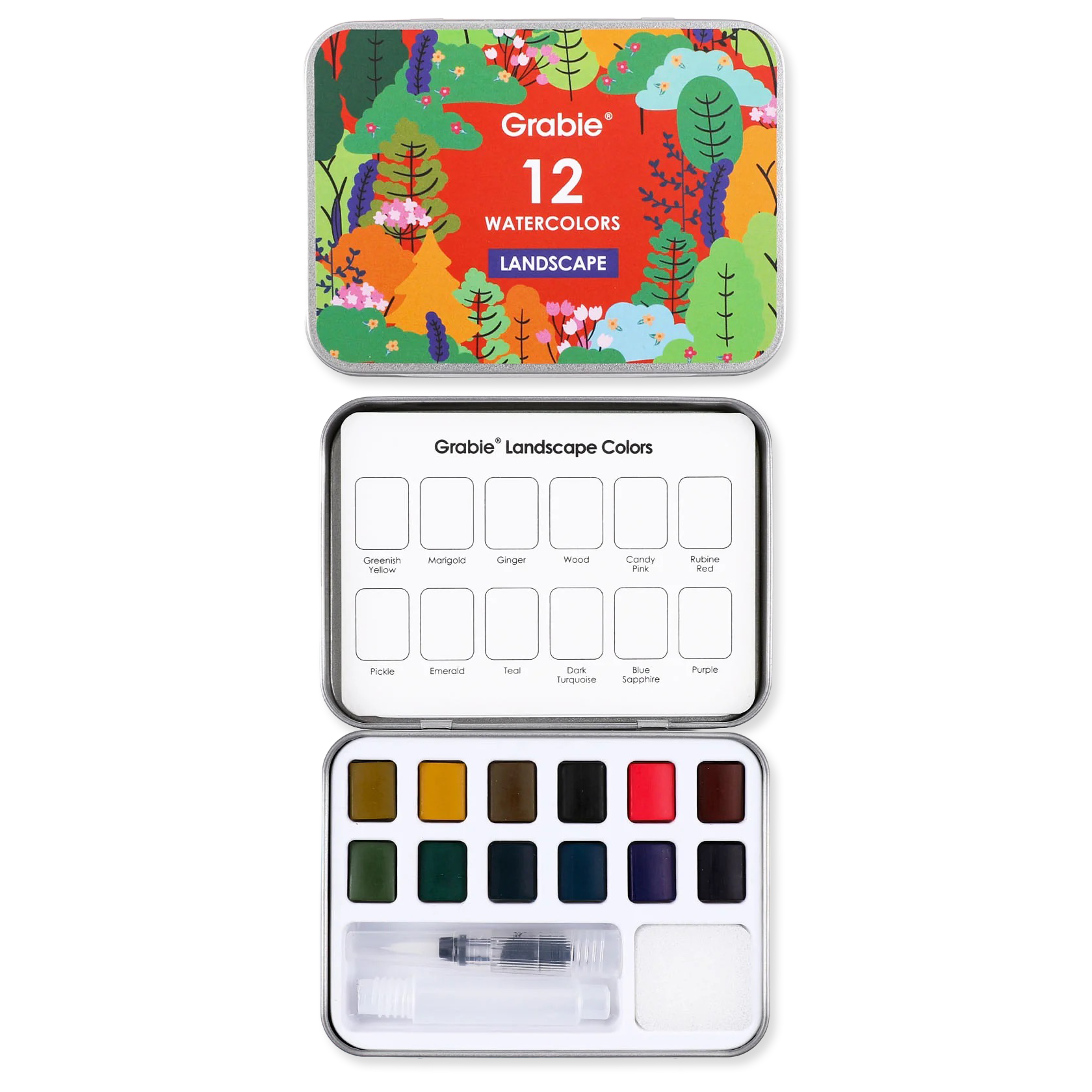 Grabie 12 watercolor set with colorful lid and color swatches on a white background