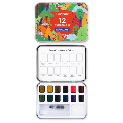 Grabie 12 watercolor set with colorful lid and color swatches on a white background