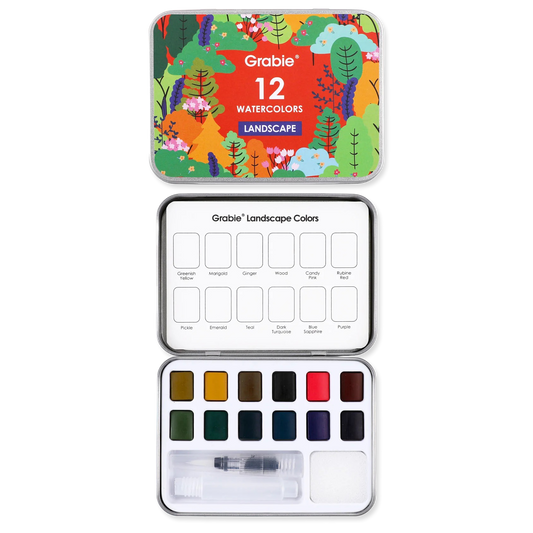 Grabie 12 watercolor set with colorful lid and color swatches on a white background