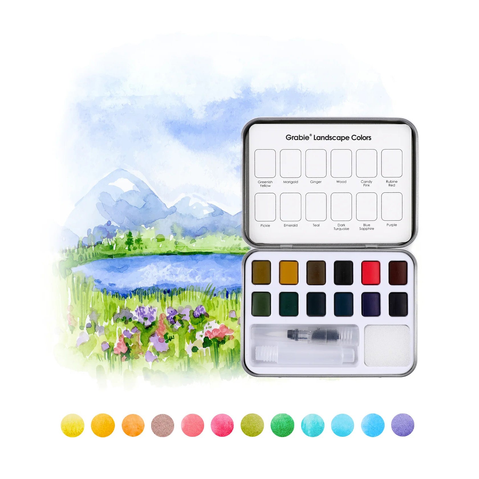 Watercolor paint set with landscape illustration and color swatches on a white background