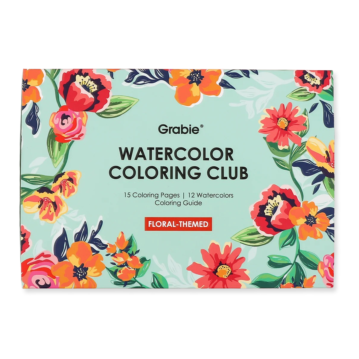 Grabie Watercolor Coloring Club with floral-themed design on a light blue background