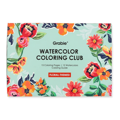Grabie Watercolor Coloring Club with floral-themed design on a light blue background