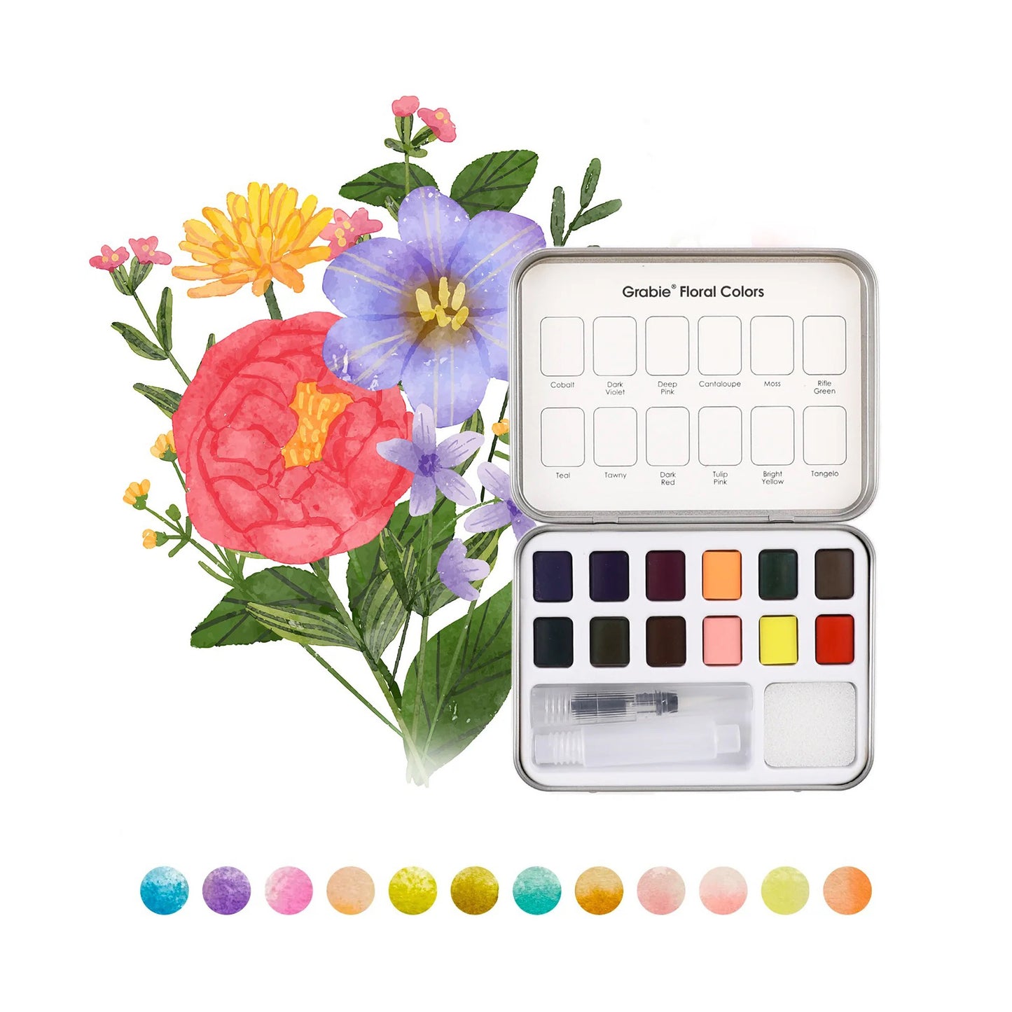 Watercolor paint set with a floral design on a white background
