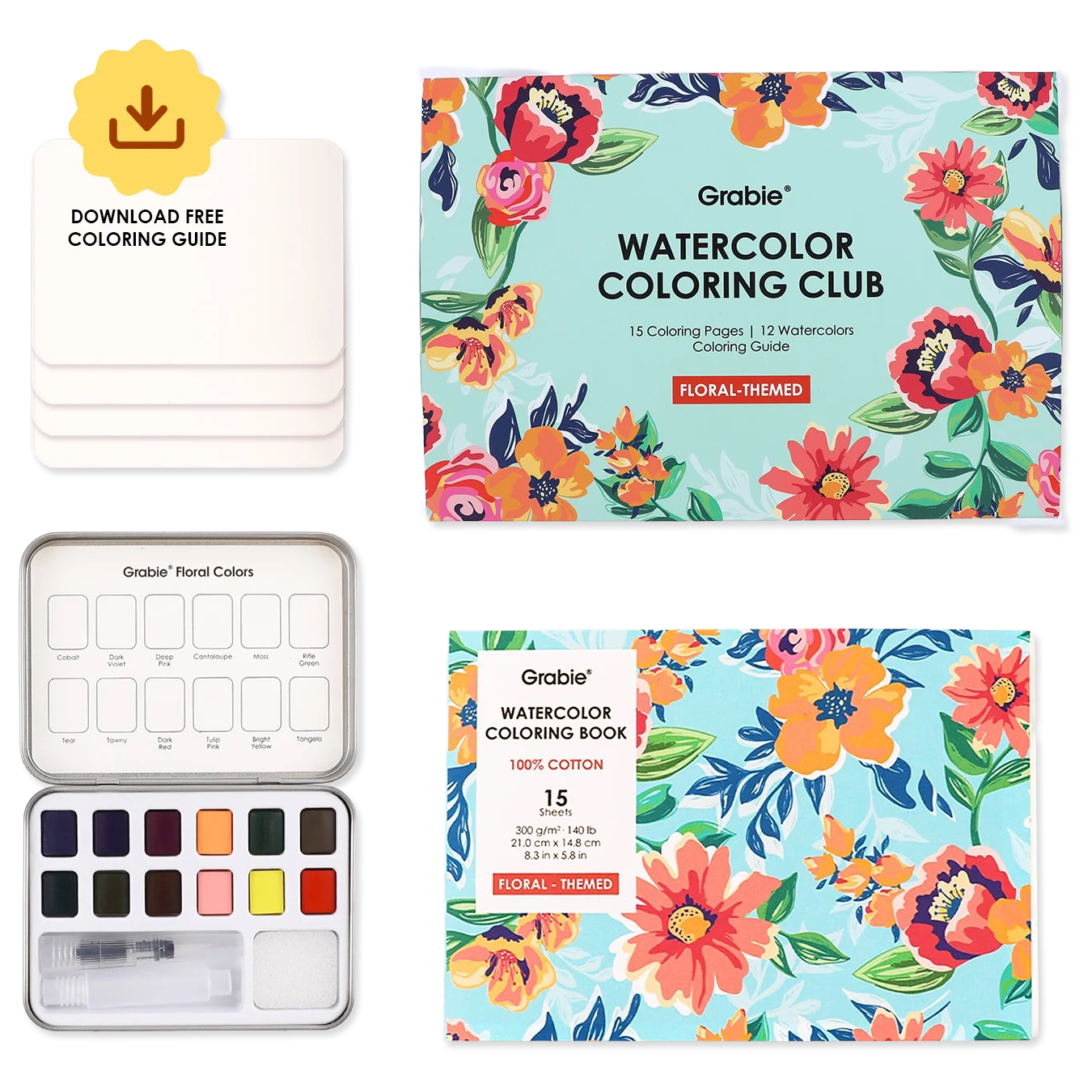 Grabie Watercolor Coloring Club set with coloring book, watercolor pan set, and free coloring guide on a white background.