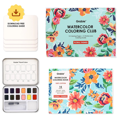 Grabie Watercolor Coloring Club set with coloring book, watercolor pan set, and free coloring guide on a white background.