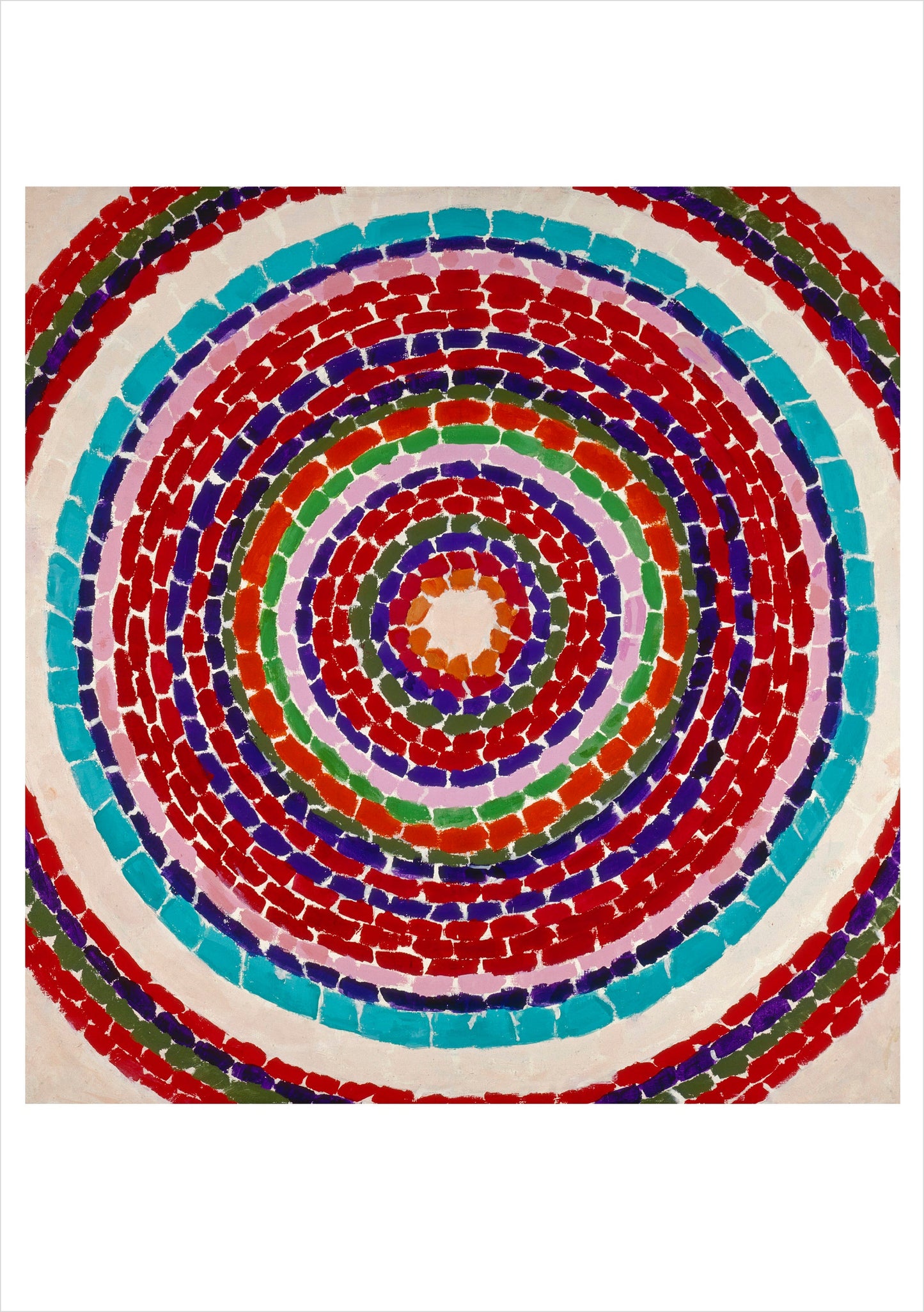 Colorful circular pattern with concentric rings on a beige background