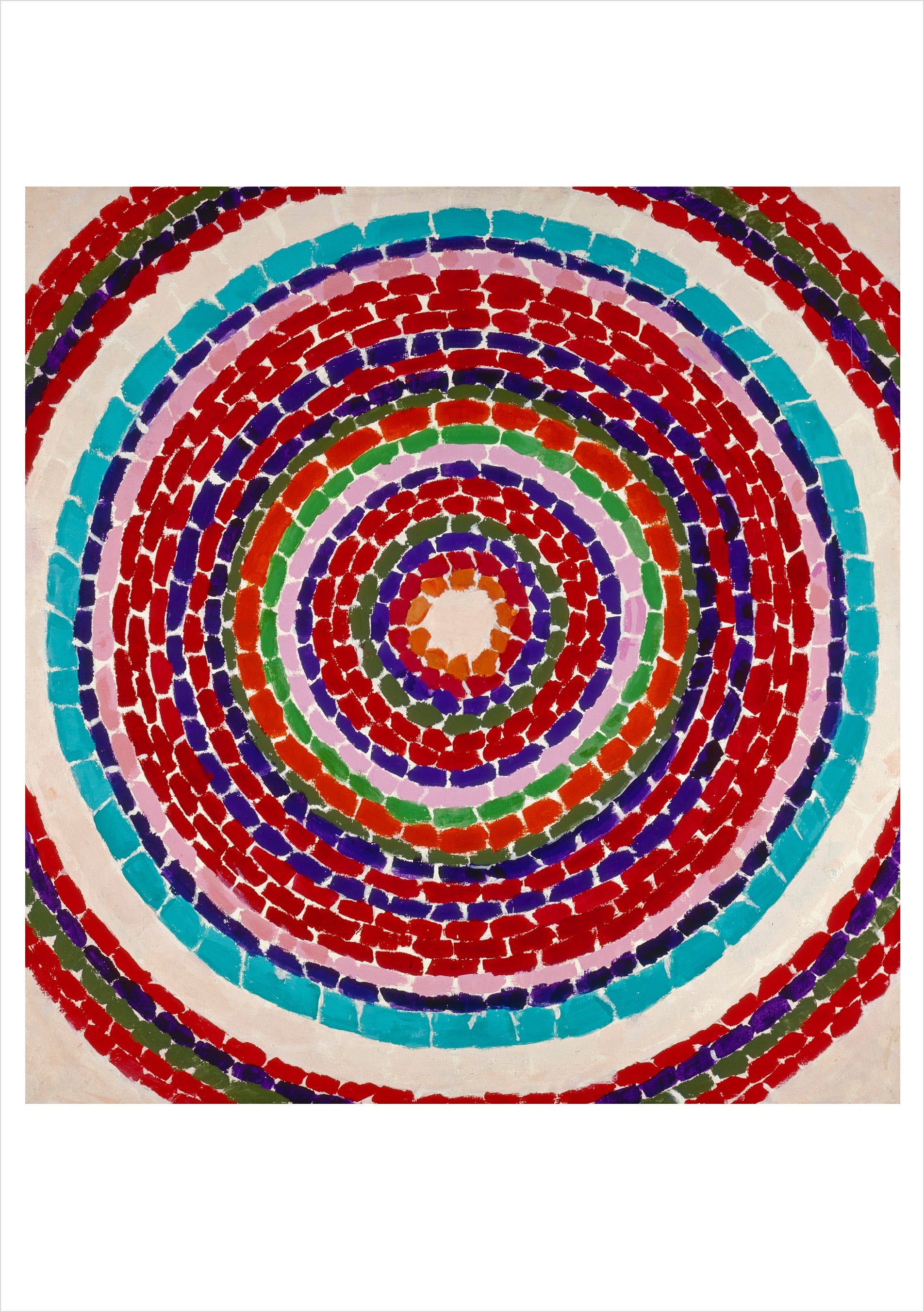 Colorful circular pattern with concentric rings on a beige background