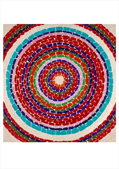 Colorful circular pattern with concentric rings on a beige background