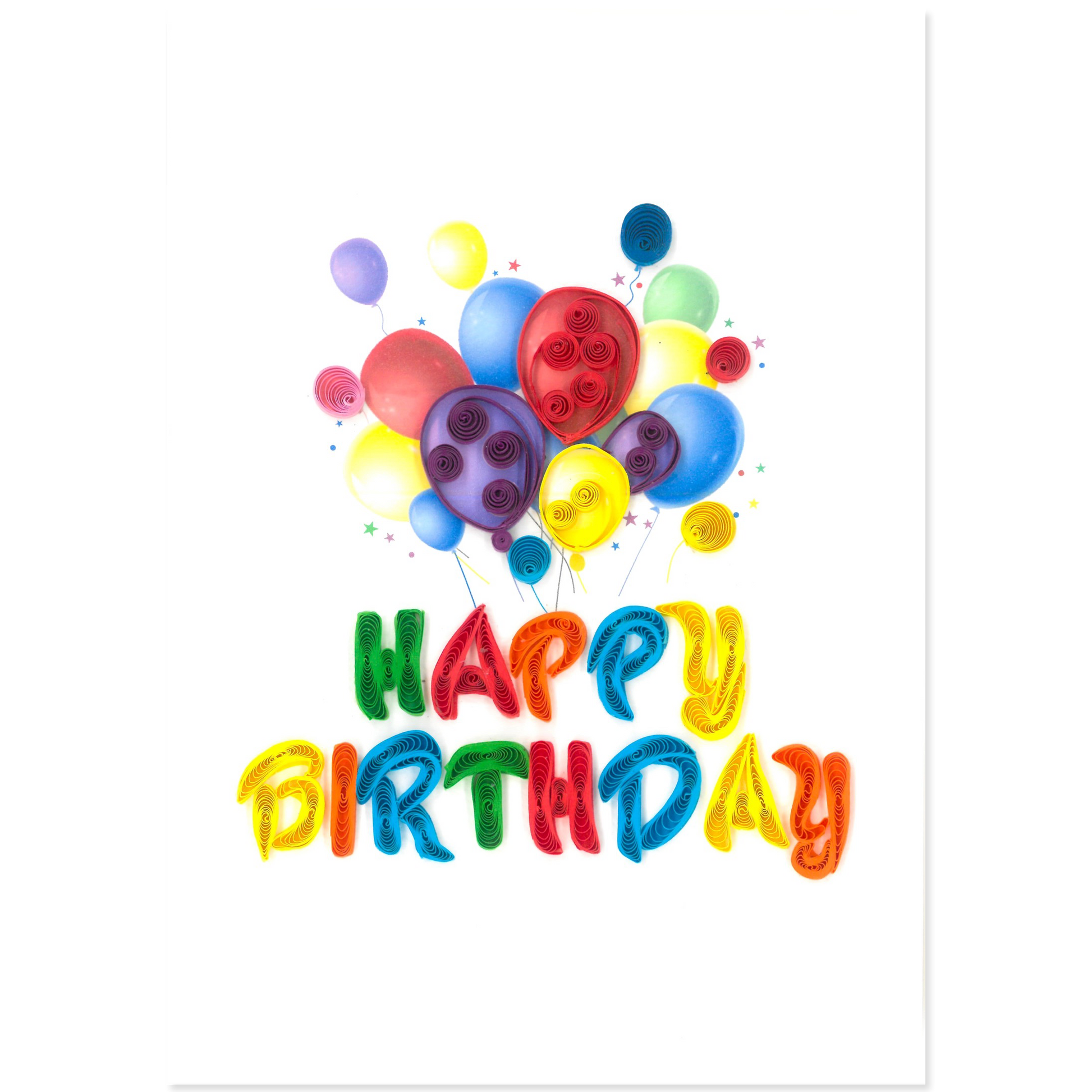 Quilled birthday card featuring colorful balloons