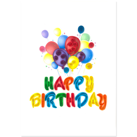 Quilled birthday card featuring colorful balloons