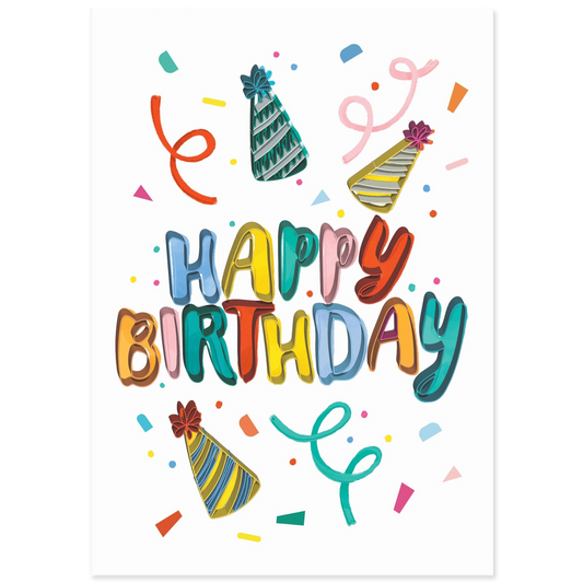 Quilled greeting card featuring Birthday Party Hats