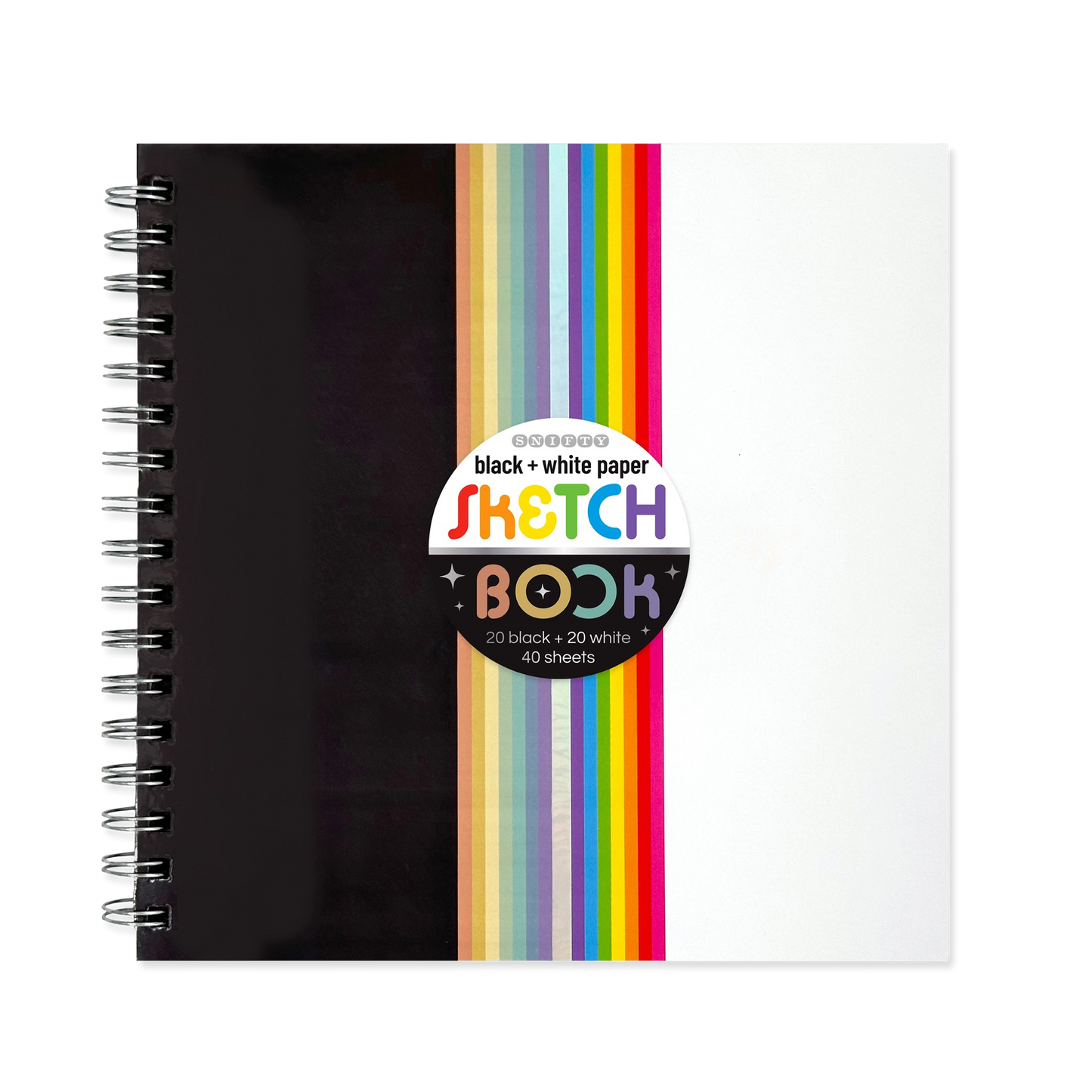 Black and White sketchbook with colorful striped cover on a white background