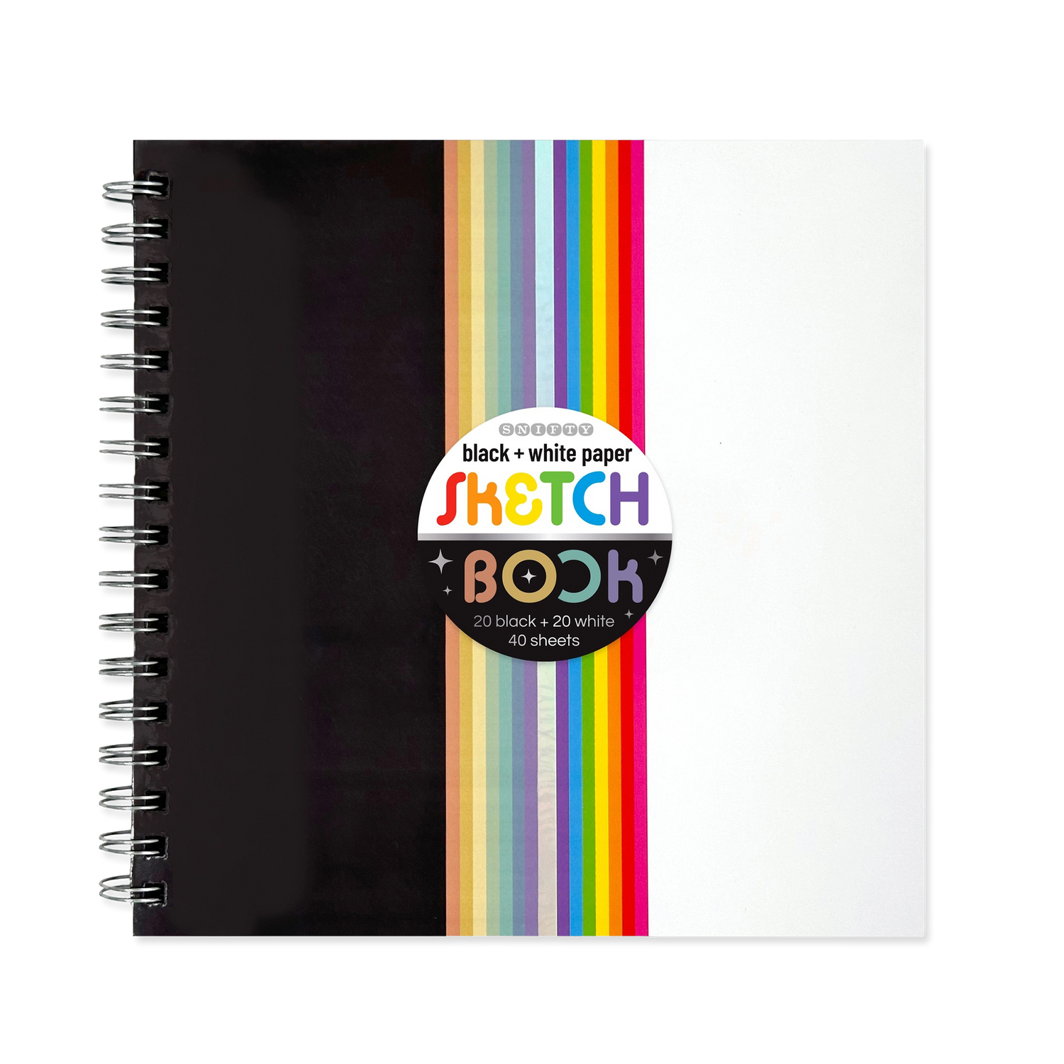 Black and White sketchbook with colorful striped cover on a white background