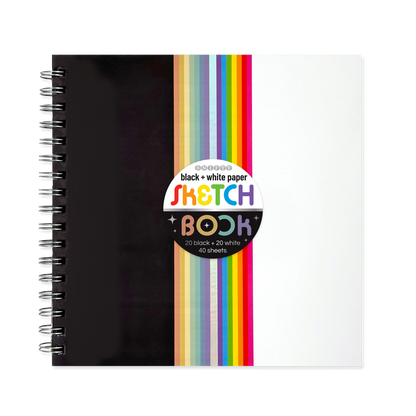 Black and White sketchbook with colorful striped cover on a white background