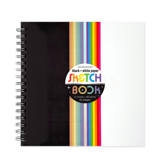 Black and White sketchbook with colorful striped cover on a white background