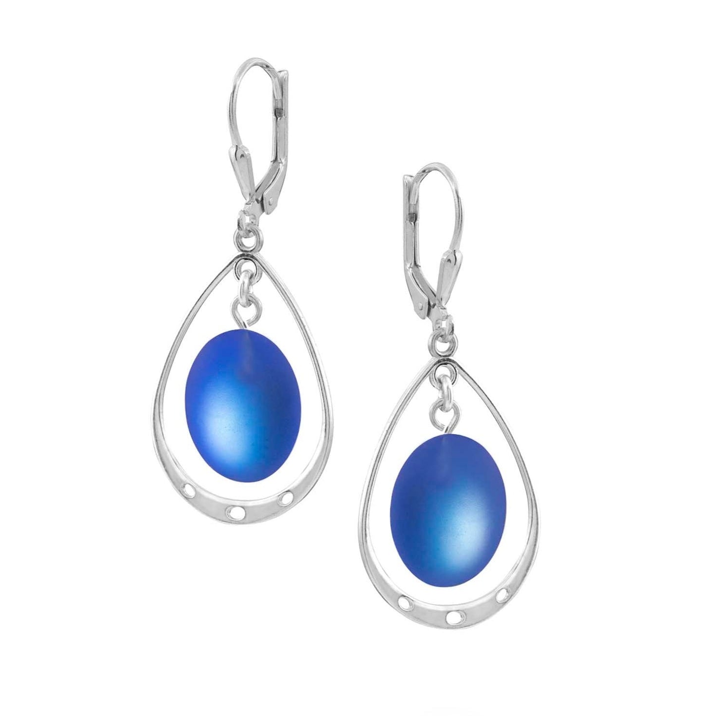 Oval Crystal Earrings with Sterling Silver Loop - Blue