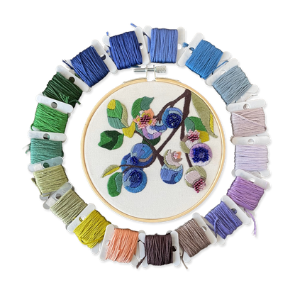 Embroidery hoop with floral design surrounded by colorful embroidery threads on a white background