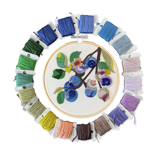 Embroidery hoop with floral design surrounded by colorful embroidery threads on a white background