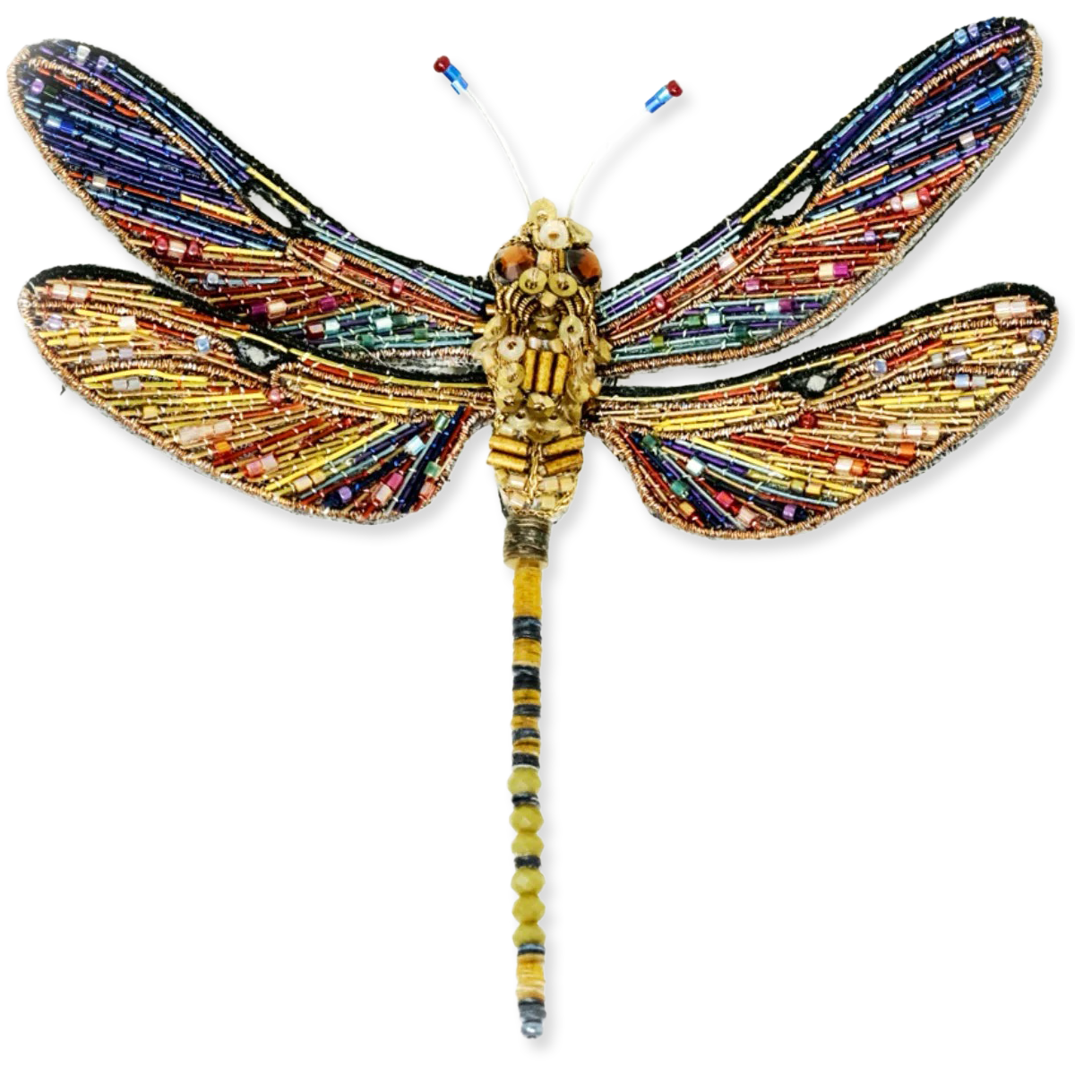 Decorative dragonfly with multicolored wings on a white background