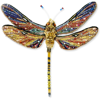 Decorative dragonfly with multicolored wings on a white background