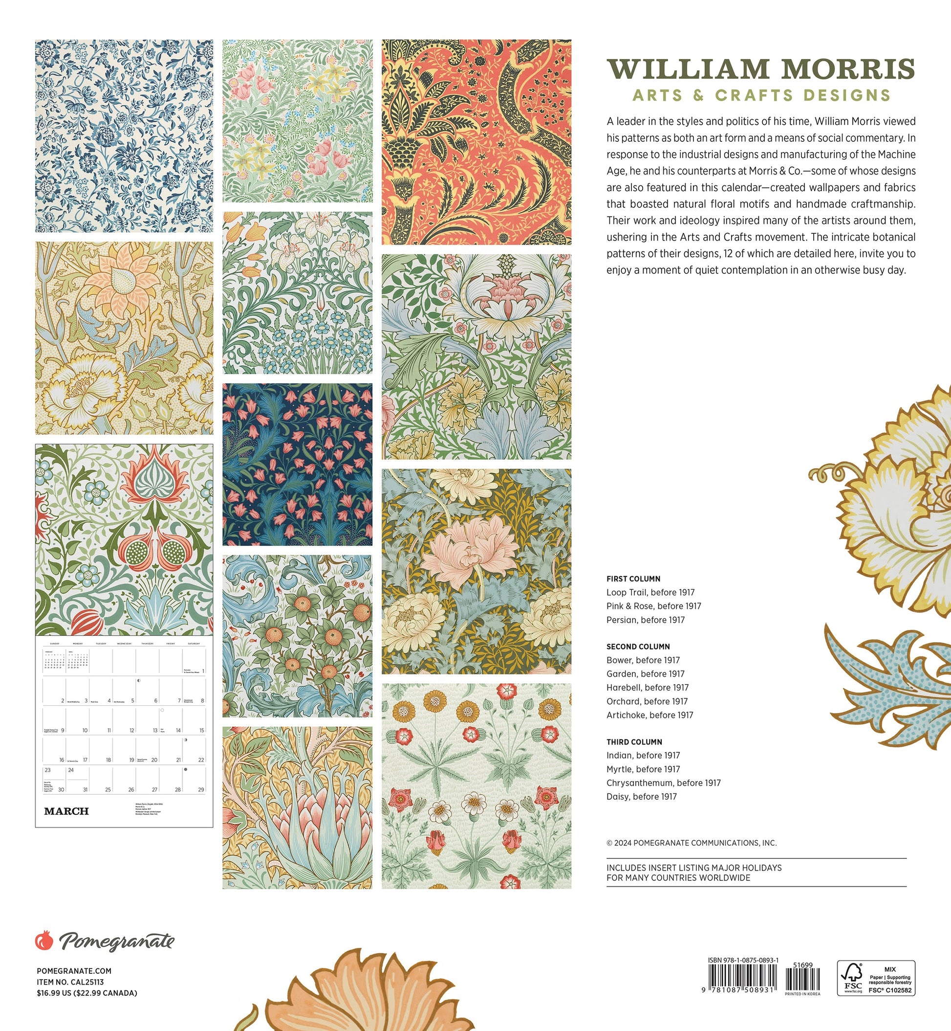 William Morris 2025 Wall Calendar back cover