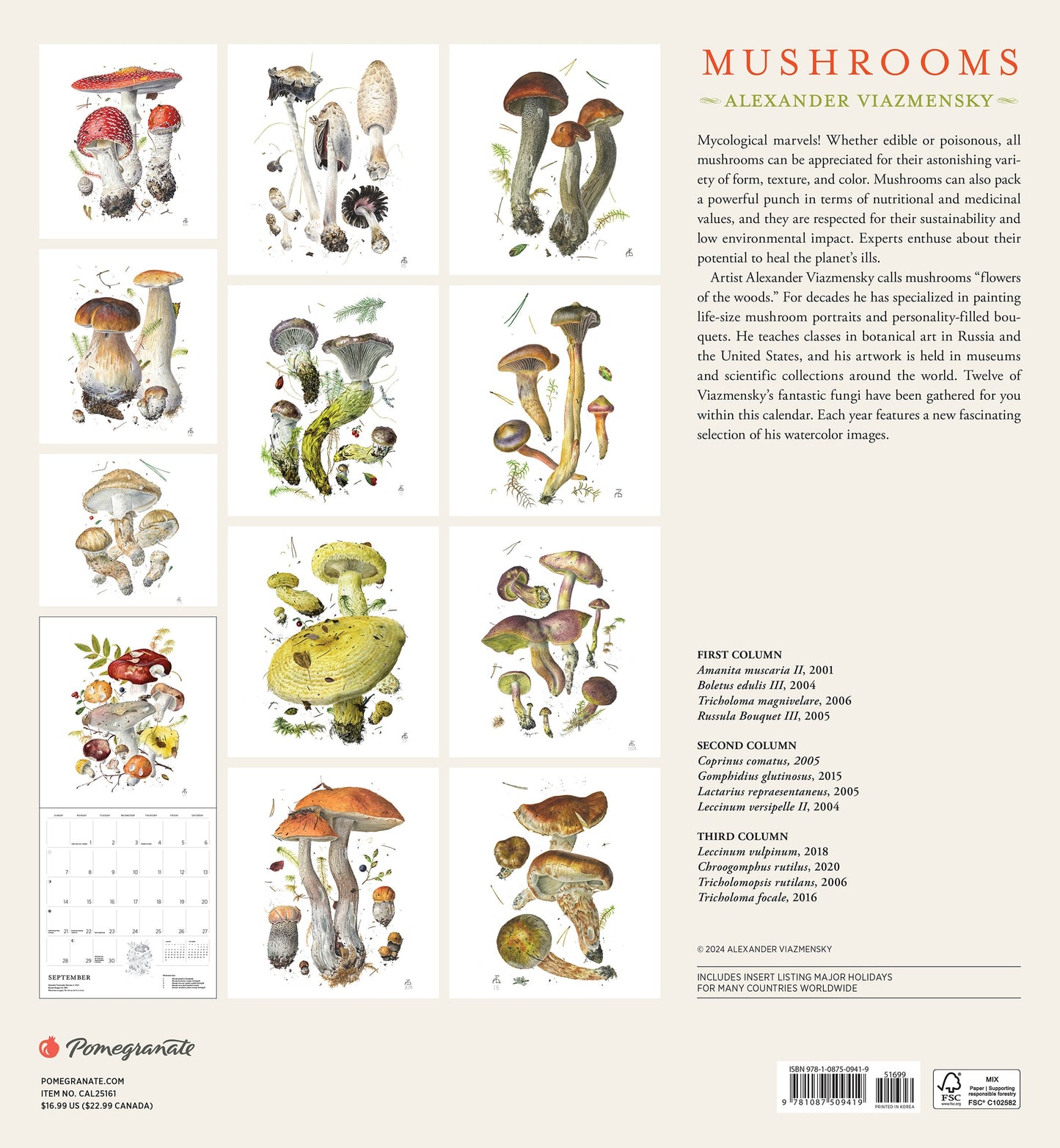 Mushrooms: Alexander Viazmensky 2025 Wall Calendar Back Cover