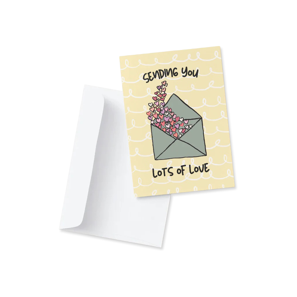 Greeting card with envelope and flowers illustration on a white background