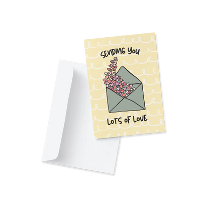 Greeting card with envelope and flowers illustration on a white background