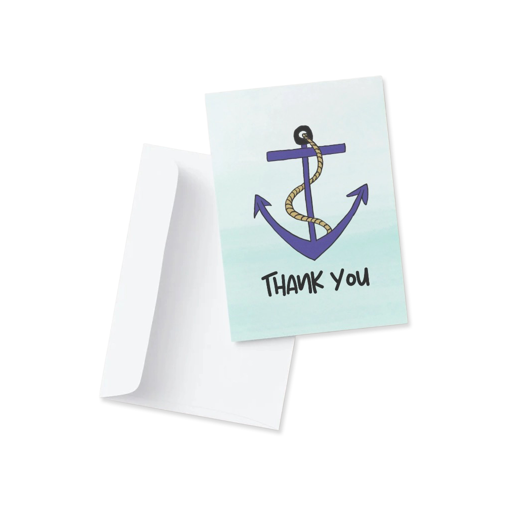 Greeting card with anchor design and 'Thank you' text on a white background