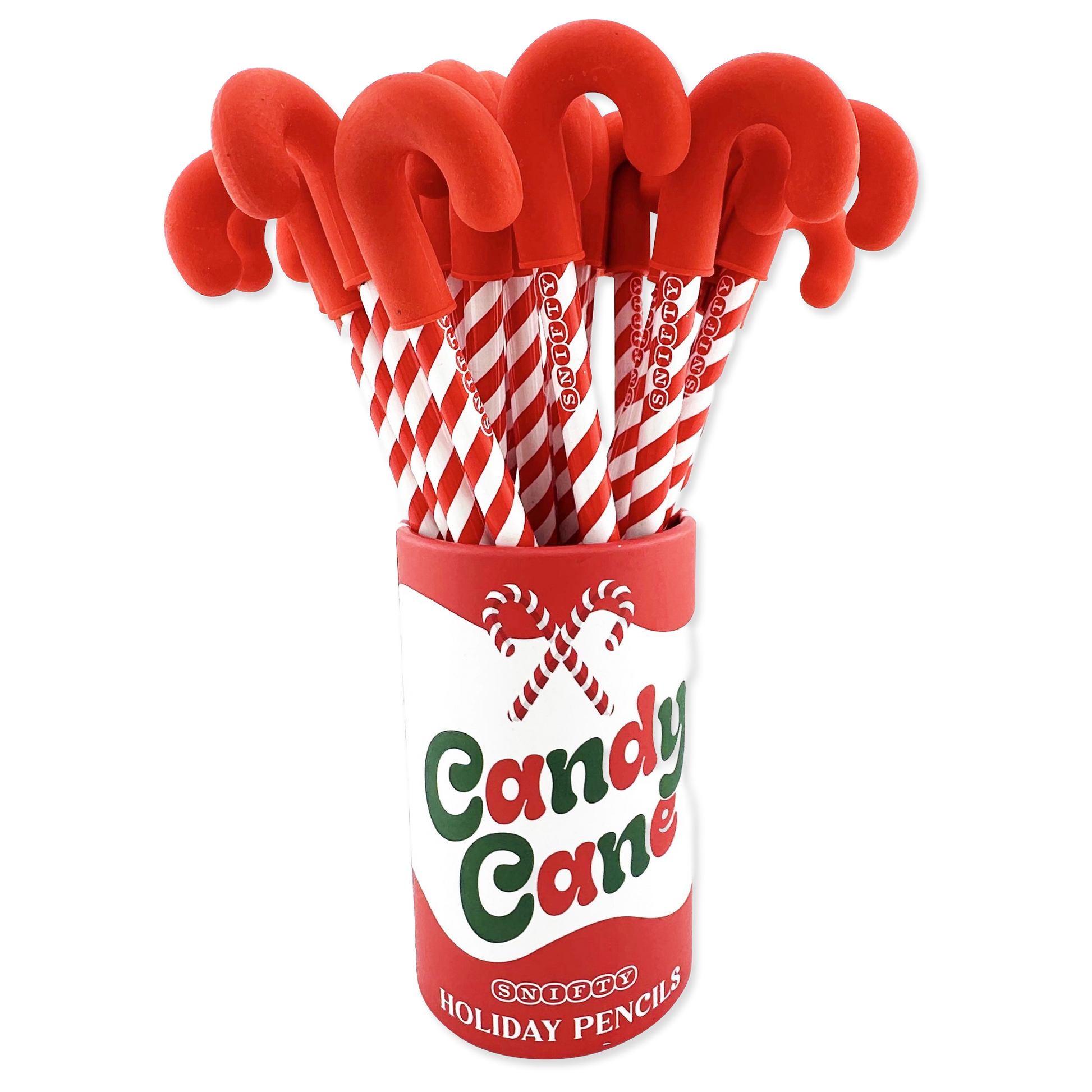 Candy cane-shaped pencils in a branded holder on a white background