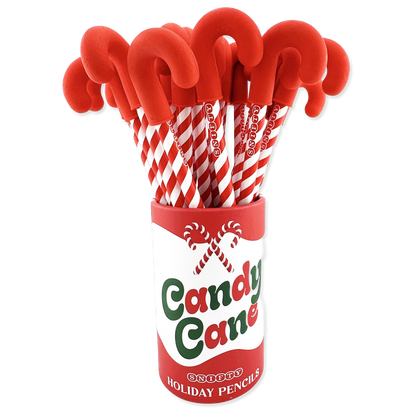 Candy cane-shaped pencils in a branded holder on a white background