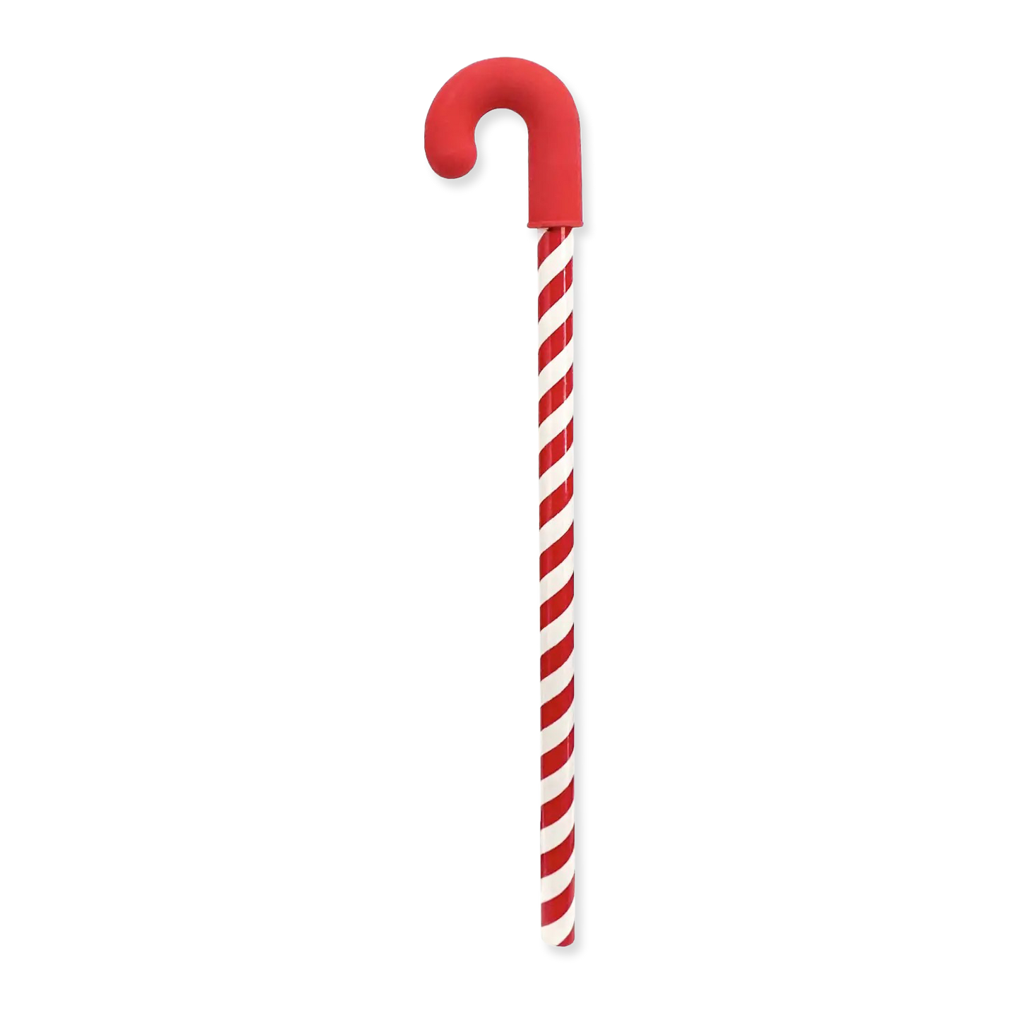 Red and white striped candy cane-shaped pencil+eraser on a white background