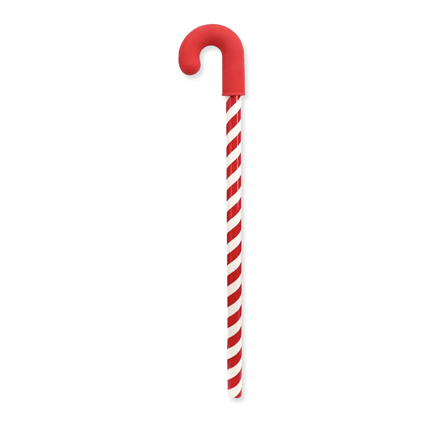 Red and white striped candy cane-shaped pencil+eraser on a white background