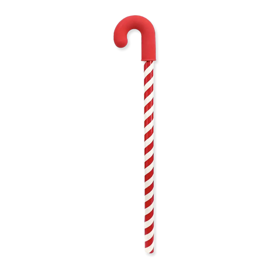 Red and white striped candy cane-shaped pencil+eraser on a white background