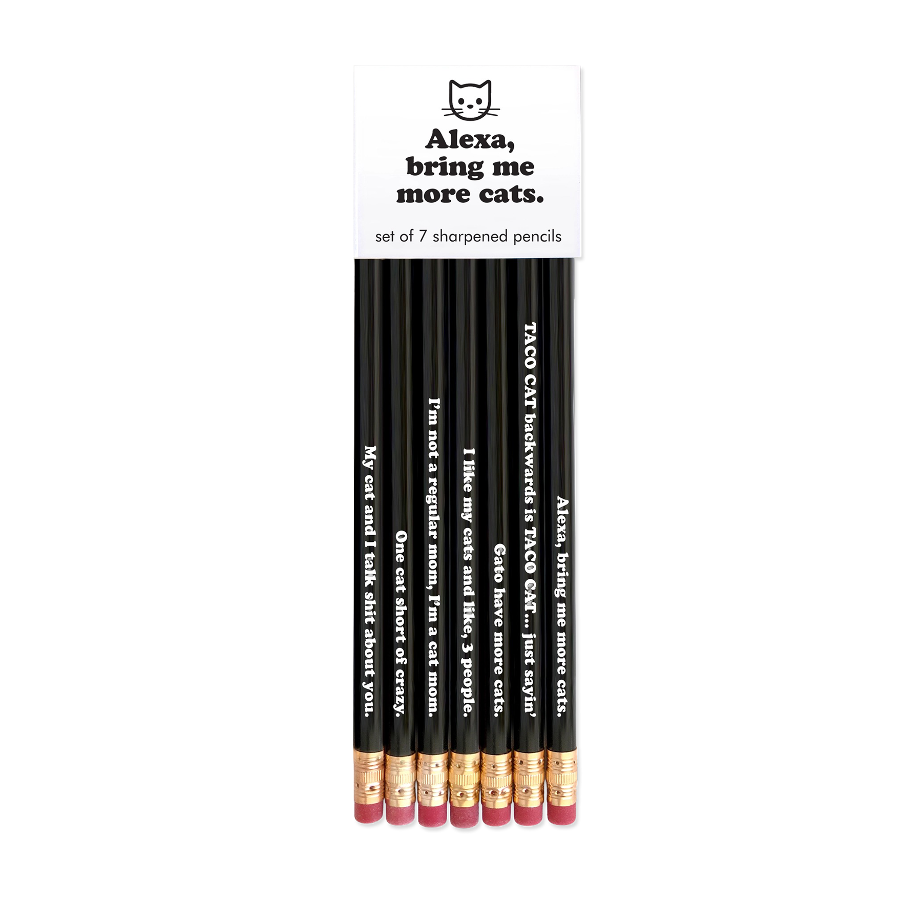 Set of black pencils with humorous text on a white background
