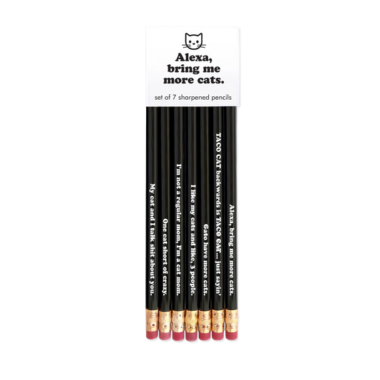 Set of black pencils with humorous text on a white background