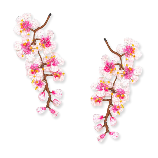 Pair of earrings with cherry blossom design on a white background
