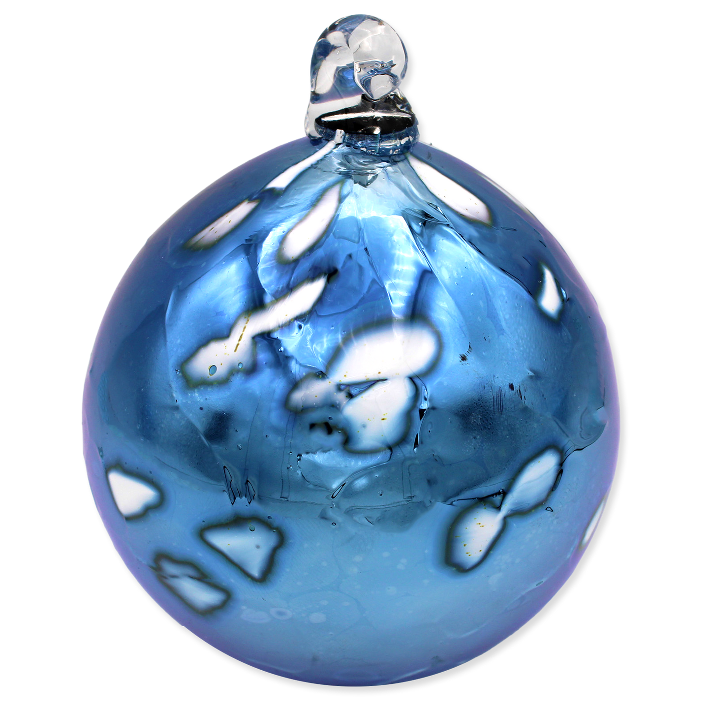 Blue glass ornament with white design
