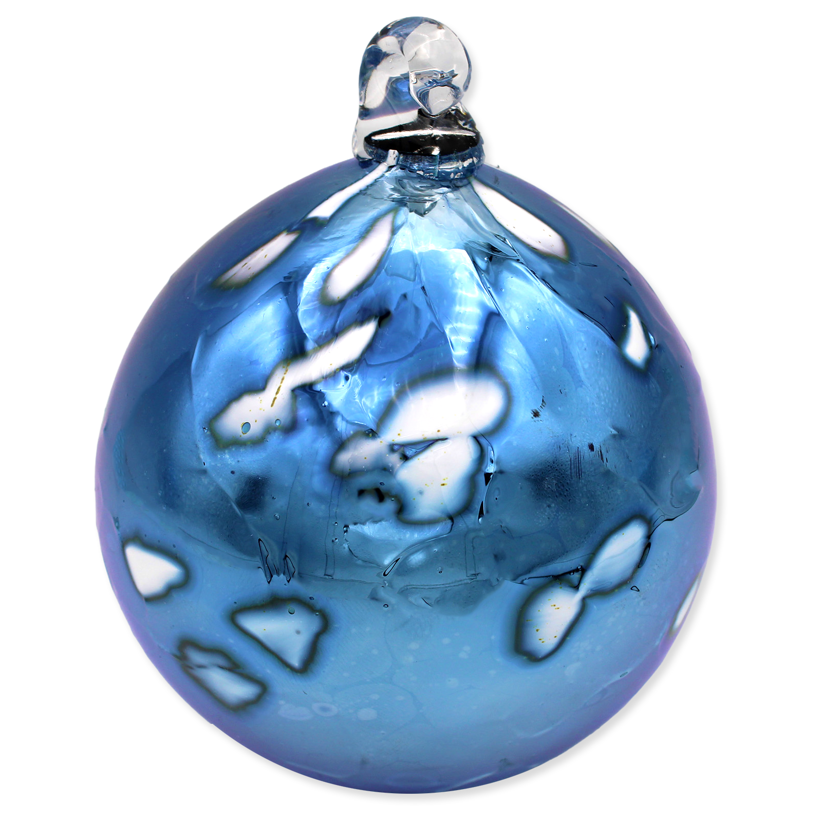 Blue glass ornament with white design