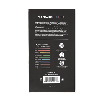 Back of Blackwing Colors packaging with color swatches and branding details.
