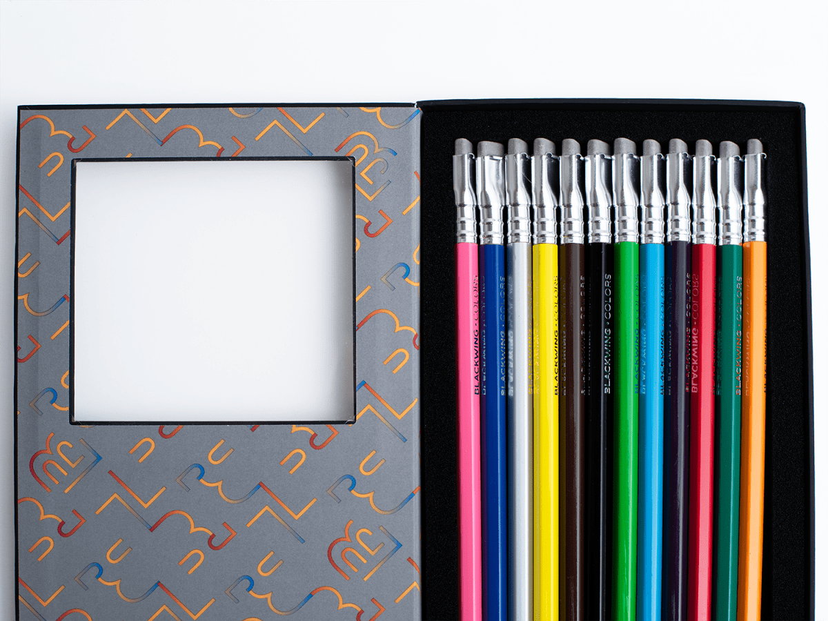 Set of colored pencils in a decorative case