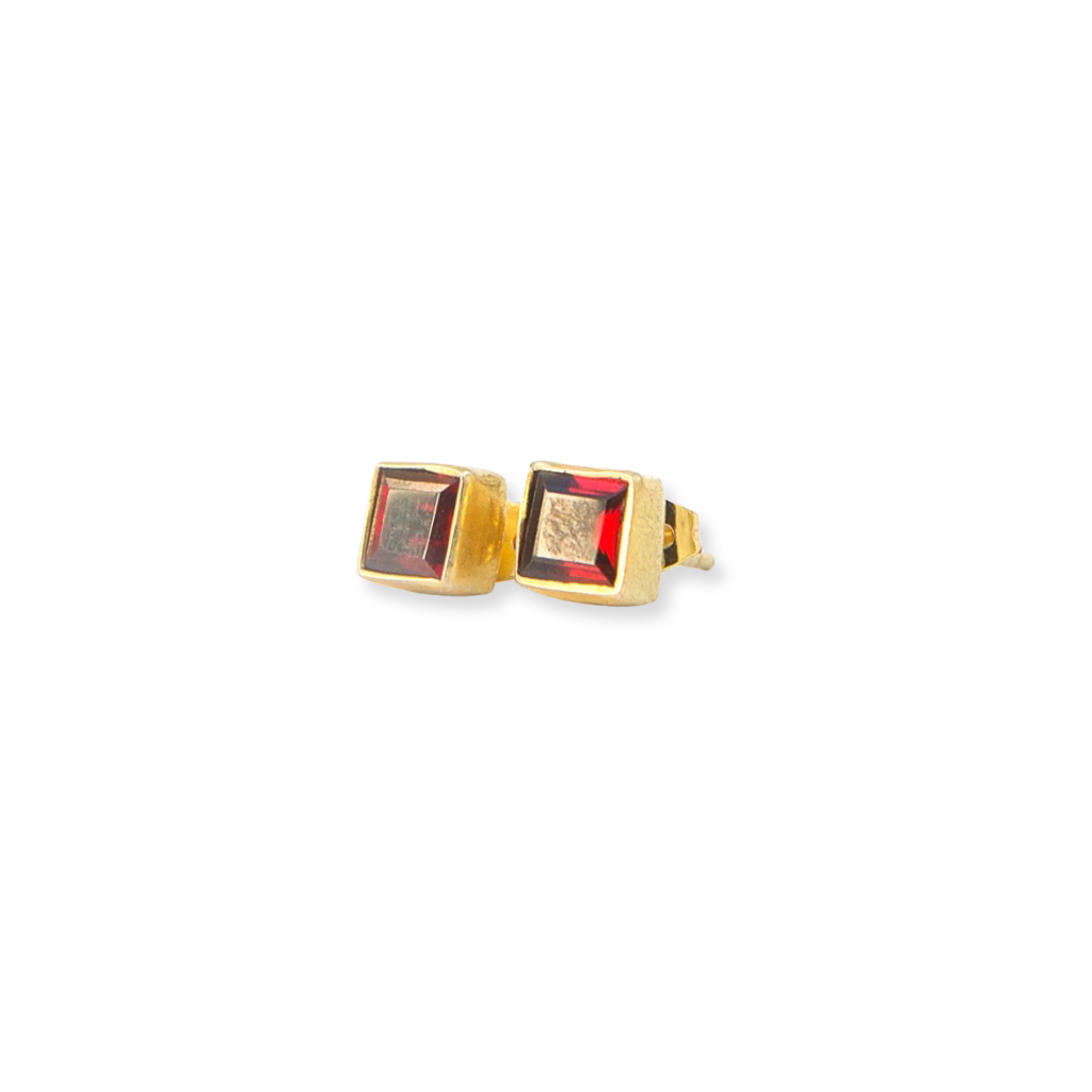 Pair of square-cut garnet & recycled brass stud earrings made in India.